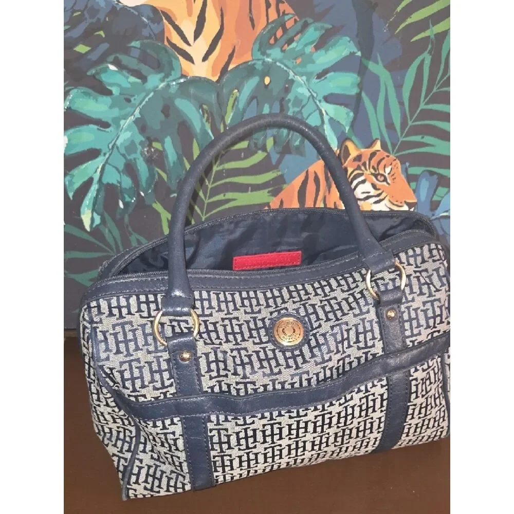 Tommy Hilfiger Navy and Cream Monogram Satchel